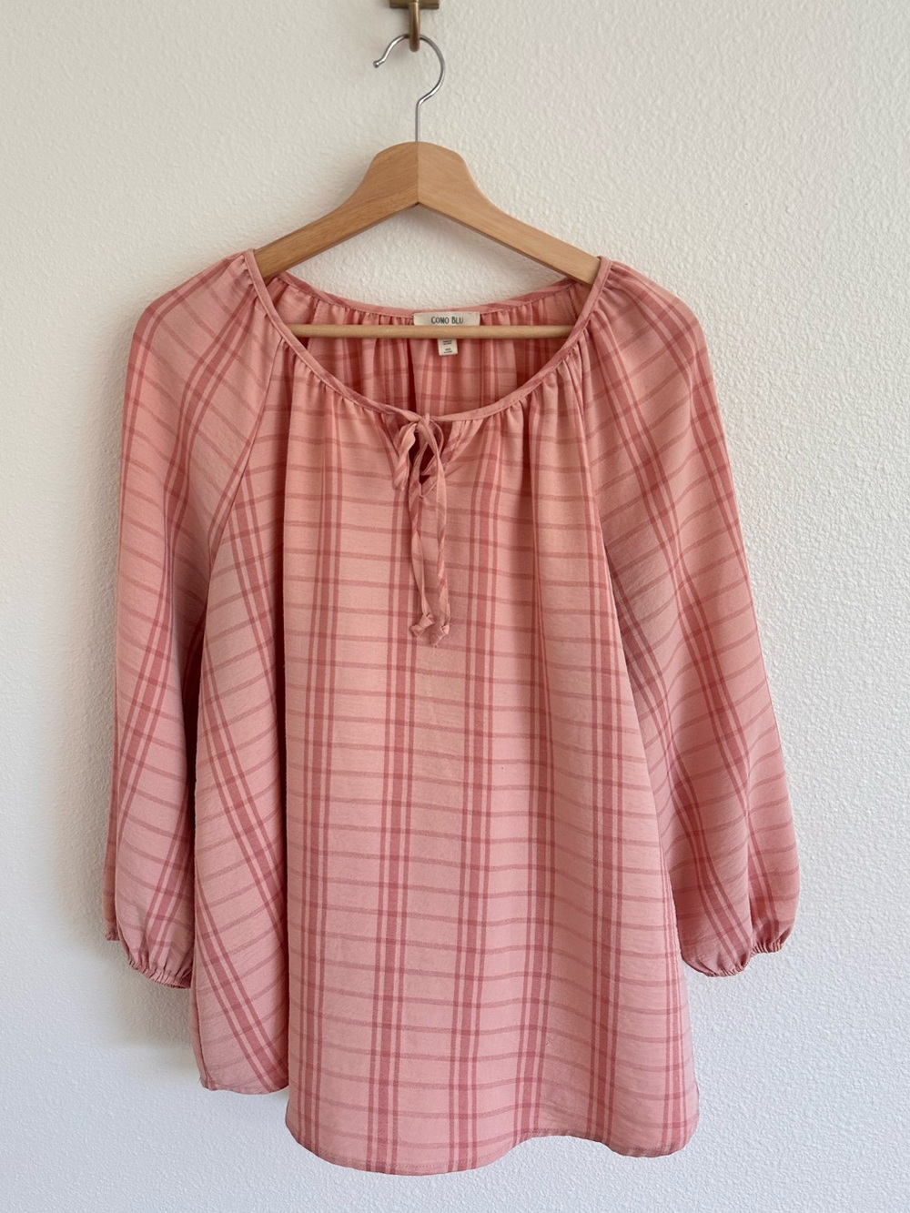 CozyPink Plaid Tie-Neck Blouse - Casual Women’s Top